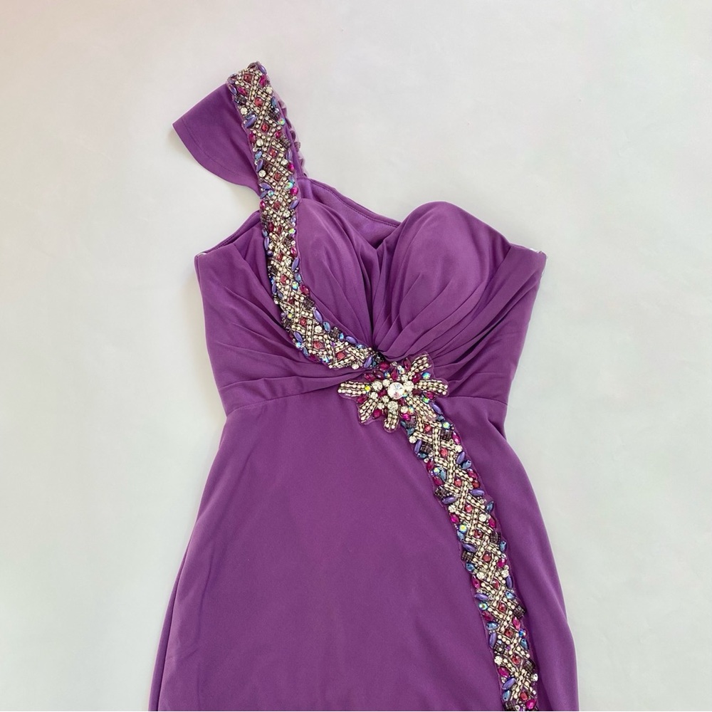 Terani Couture One Shoulder Rhinestone Beaded Formal Maxi Gown Dress Purple 0